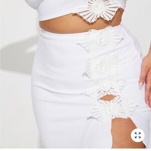 White Floral Applique Midi Skirt set